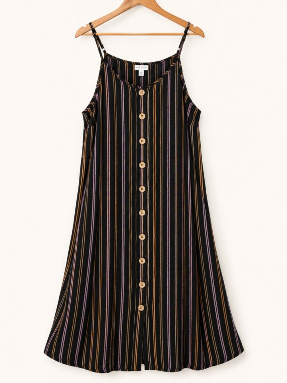 Ava & Viv 2X Linen Blend Striped A-Line Midi Dress Black Gold Boho Coastal